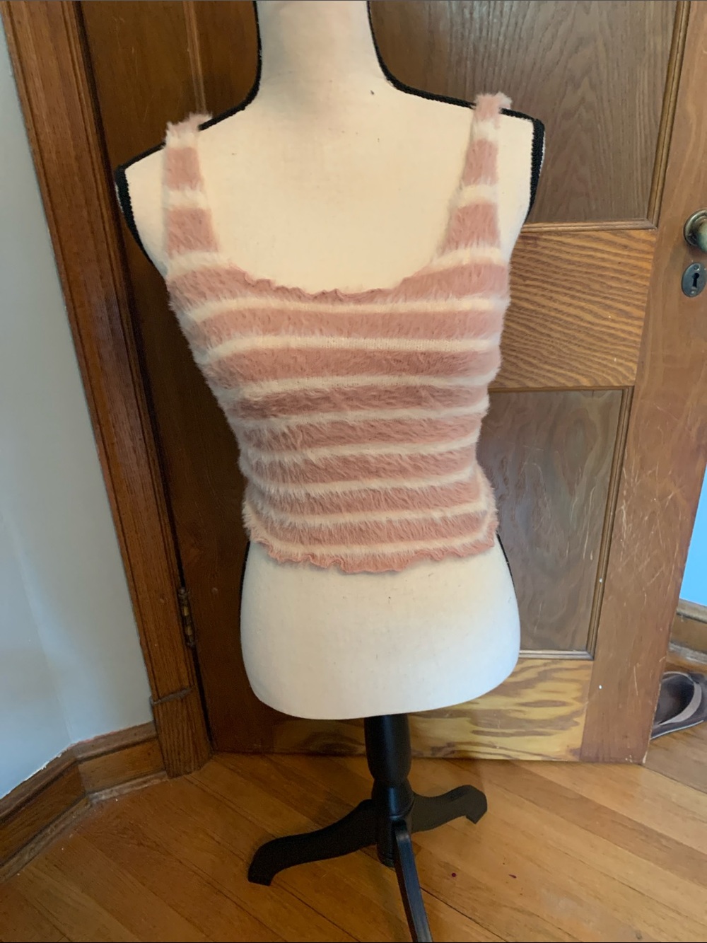 Hem & Thread Fuzzy Striped Crop Tank Top in Blush Pink